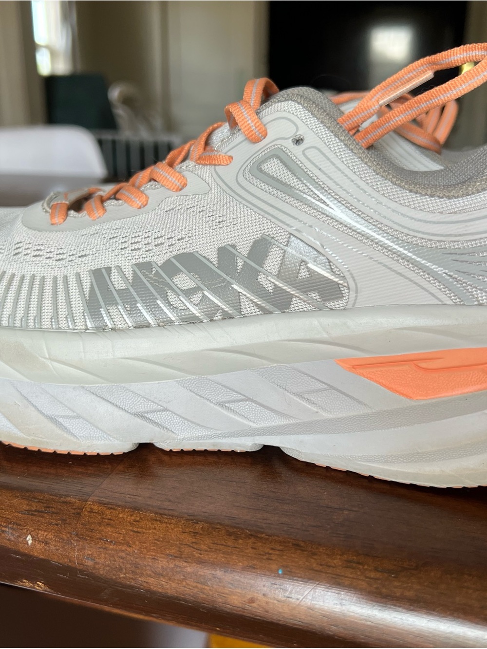 Hoka Bondi 7 Women's Light Gray and Peach Running Shoes - Picture 8 of 12